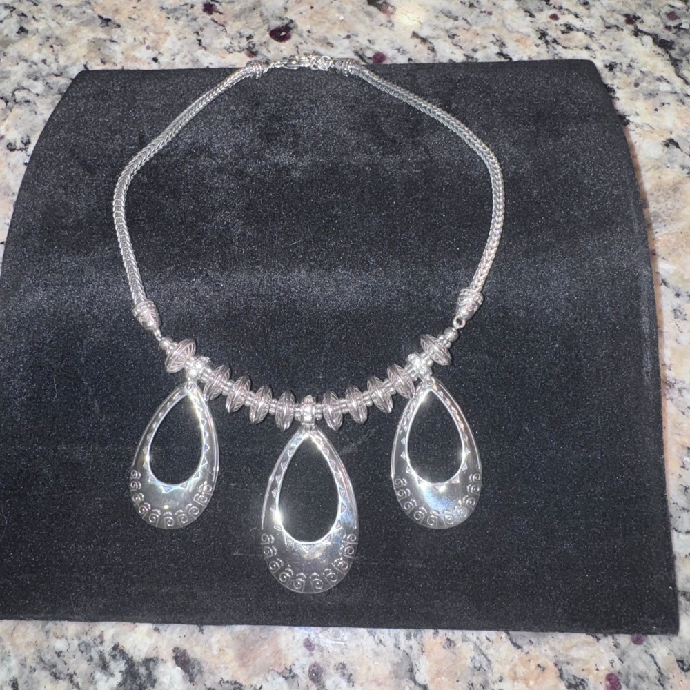 Brighton Silver Tone Teardrop Necklace Ornate Beaded Boho Southwestern